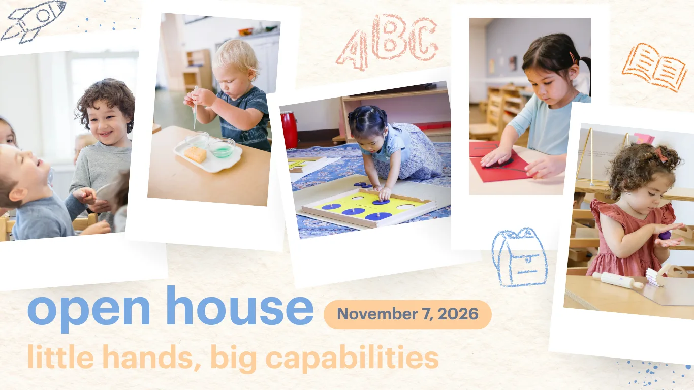 Guidepost Montessori Open House promotional banner for November 7, 2026, featuring children engaged in hands-on learning.